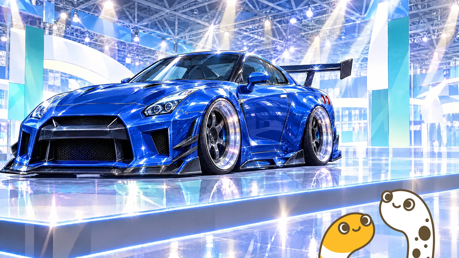 展示会場のステージに飾られたカスタムカーと、ちんあなご（イラスト）